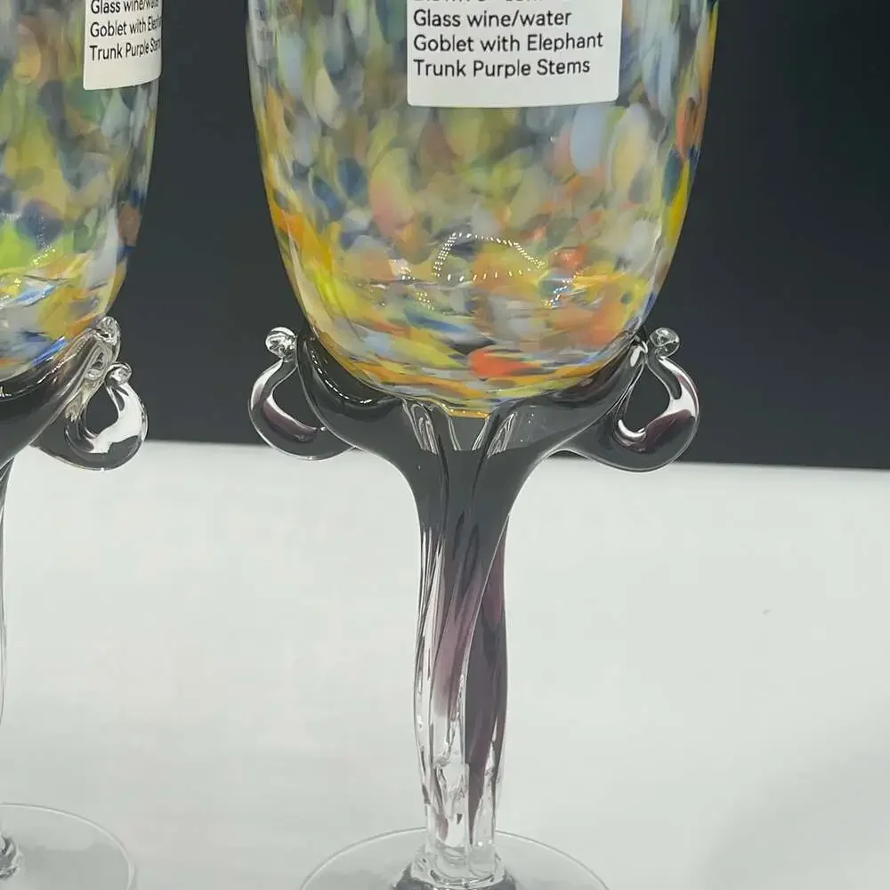 Jozefina Krosno Poland Wine Set of 2 Glass Goblets Multi Color Confetti  9